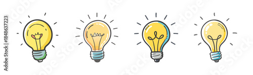 A collection of hand-drawn glowing light bulbs symbolizing brilliant ideas and creativity
