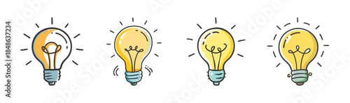 Collection of four glowing light bulbs symbolizing ideas and innovation