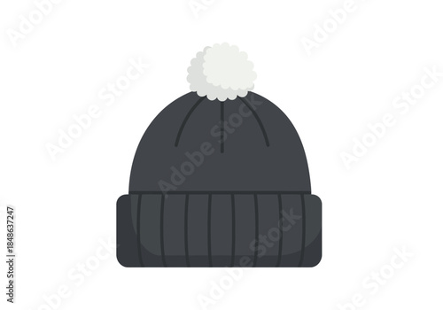 Illustration of a black beanie hat with a white pompom on a plain background from a front viewpoint