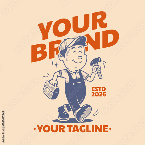 Retro handyman mascot character illustrated in a classic hand-drawn vintage cartoon style. This vector illustration is suitable for logo templates, repair service branding