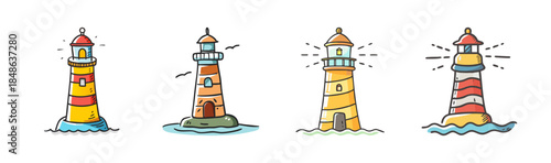 Colorful collection of four charming cartoon lighthouses with a whimsical touch