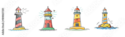 A charming collection of hand-drawn lighthouses with diverse designs and colors