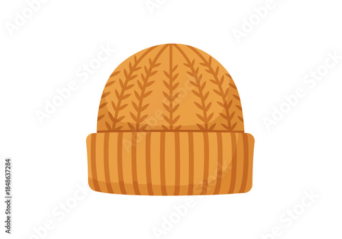 An illustrated orange knitted beanie hat with a leaf pattern on a plain background from a front viewpoint