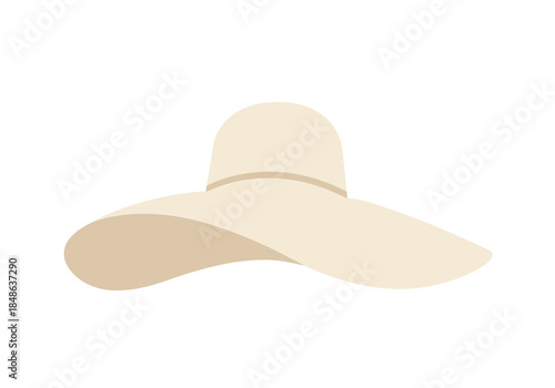 Beige sun hat illustration with wide brim and indented crown on white background viewed from the side