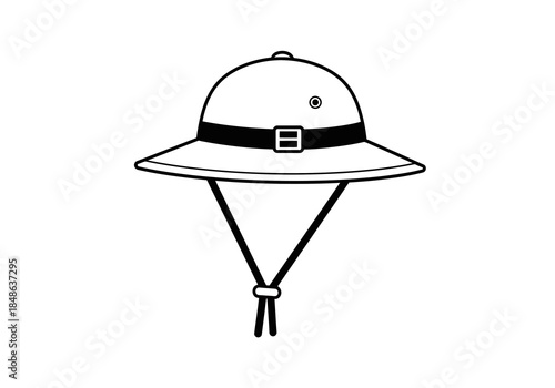 Illustration of a pith helmet with chin strap and buckle, depicted from the front view