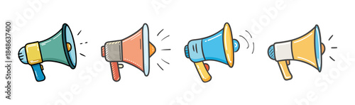 Colorful cartoon megaphones with sound waves announcing important messages