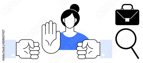 Woman raising hand to signal stop, between two fists signifying conflict, accompanied by a briefcase and magnifying glass representing workplace tension, negotiation, and decision-making. Ideal