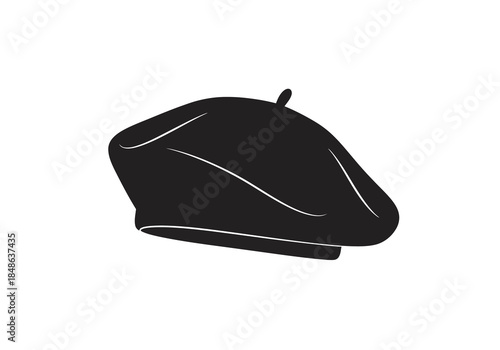 Stylish Black Beret Hat Illustration with Classic Design.