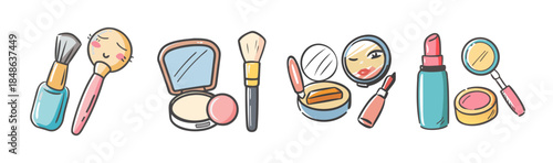 A charming collection of hand-drawn makeup essentials for everyday beauty routine