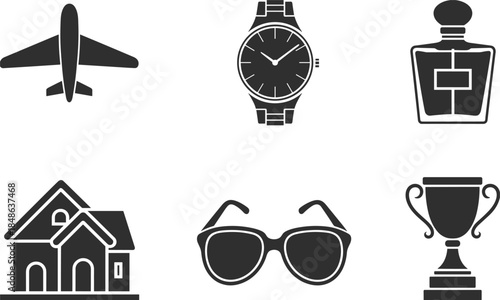 Set of six black silhouette icons including an airplane, watch, perfume bottle, house, sunglasses, and trophy Keywords: airplane