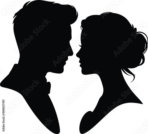 Silhouette of a Couple Gazing at Each Other in Profile on White Background Keywords: couple, silhouette, man, woman, profile