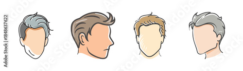 Diverse collection of male head illustrations showcasing various modern hairstyles and cuts