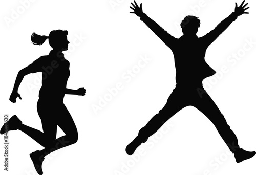 Silhouettes of a woman running and a man jumping on a white background Keywords: silhouette, running, jumping, man, woman, people