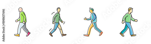 Four cartoon men walking in profile, showcasing various steps and postures of movement