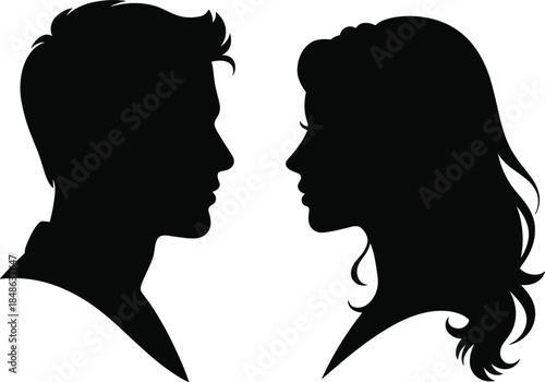 Silhouette profile portraits of a man and a woman facing each other Keywords: silhouette, profile, man, woman, couple, facing