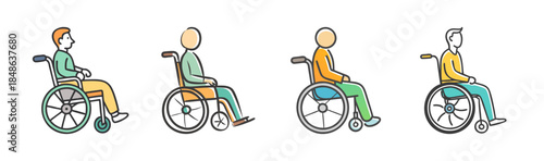 Illustrations of diverse people with disabilities using wheelchairs for mobility