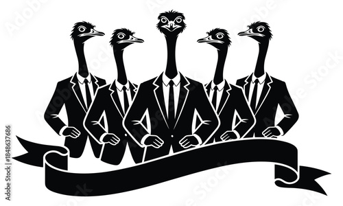 Business ostriches in suits with banner