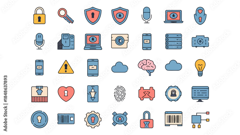 Fototapeta premium Collection of various security and technology icons including locks, shields, and digital elements