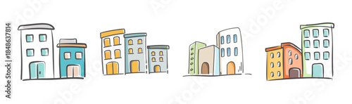 Whimsical hand-drawn city skyline illustration with charming colorful cartoon buildings