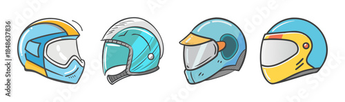 A vibrant collection of cartoon style helmets for motorcycle and scooter safety