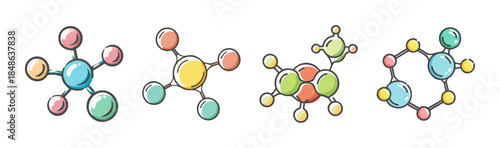 A vibrant collection of hand-drawn molecule structures, illustrating basic chemistry concepts with colorful atoms