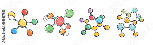 Colorful hand-drawn molecular structures depicting various chemical bonds and atomic arrangements