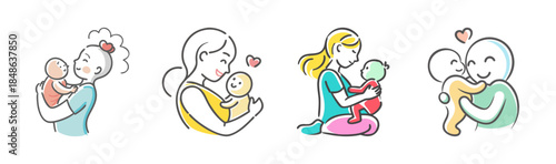 Illustrations of mother and baby bond showcasing love, care, and family connection
