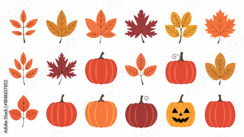 Colorful autumn leaves and pumpkins illustration with jackolanterns for halloween and fall season