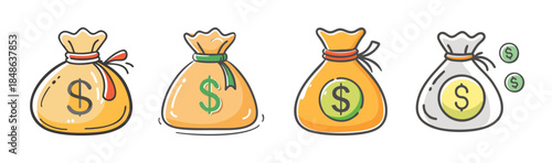 Collection of various cartoon money bags with dollar signs depicting finance and wealth