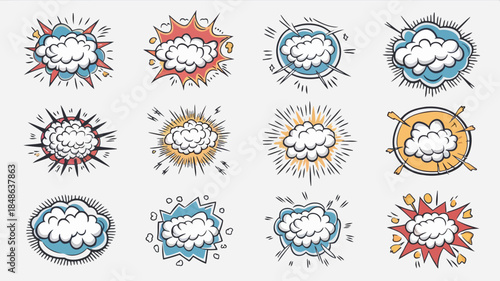 A collection of twelve colorful comic book style explosion effects with dynamic burst patterns and vibrant colors