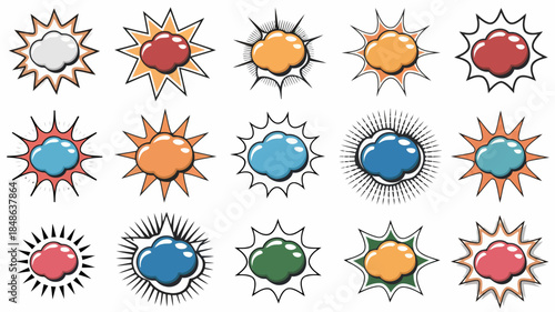 Colorful cartoon stars with vibrant hues and dynamic rays isolated on