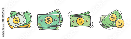 Hand-drawn illustrations of dollar banknotes and coins representing financial concepts