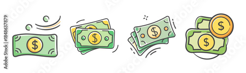 Various illustrations of dollar bills and coins depicting financial concepts in a doodle style
