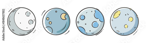 Hand drawn illustration of various cartoon planets and moons with unique designs