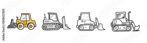 A playful collection of construction vehicles featuring one yellow wheeled loader and three tracked bulldozers in a hand-drawn cartoon style