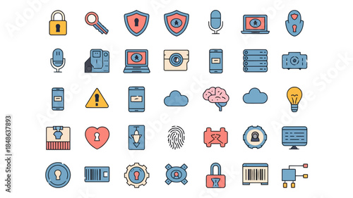 Collection of various security and technology icons including locks, shields, and digital elements