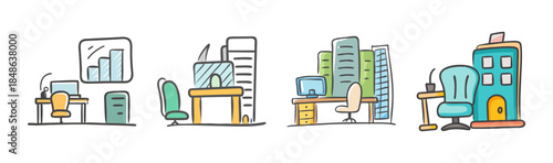 Hand-drawn doodle illustration set depicting various office spaces and business environments