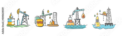 Oil and gas industry production and refinery processes in a hand-drawn style