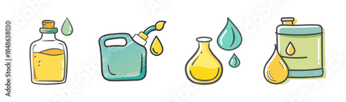 Illustration set showcasing various containers holding essential liquids and drops