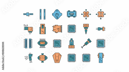Collection of various industrial and mechanical icons including gears, tools, and components isolated on