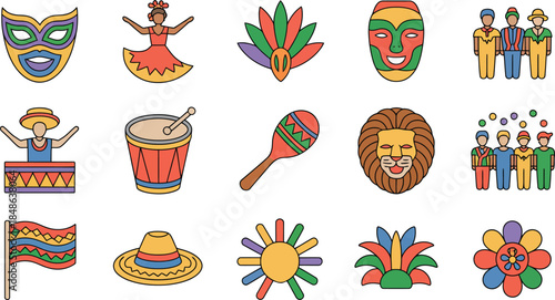 Carnival and Cultural Mask Icon Set with Festival Symbols and Traditional Elements Colorful Vector Illustration