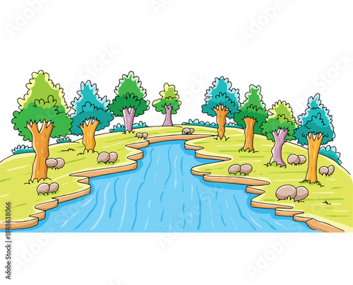 Cute cartoon hand drawn vector river with trees clipart.