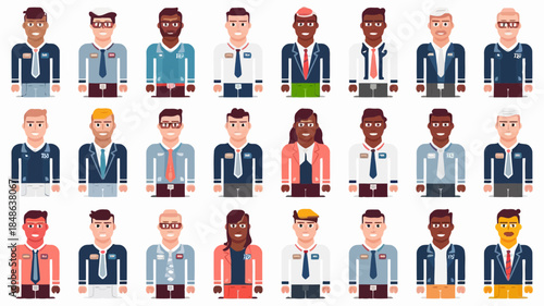 Diverse group of cartoon business people in various outfits and accessories, representing different professions and ethnicities