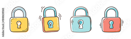 Colorful doodle style padlocks set depicting digital security and protection icons