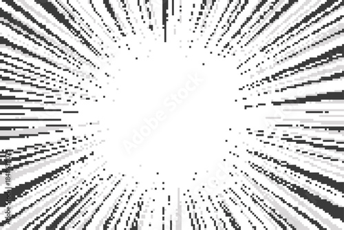 Comic background with pixel pattern. Speed lines explosion and burst with abstract digital bitmap texture. Vector radial sun rays on white backdrop.