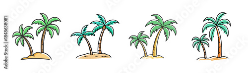 Cartoon style palm tree illustrations set on small sandy islands, perfect for tropical designs