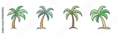 A collection of four diverse hand-drawn cartoon palm tree illustrations for tropical designs