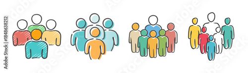Colorful hand-drawn people icons illustrating community, team, and social groups