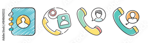 Illustrated contact book and phone call icons in a whimsical doodle style for communication apps
