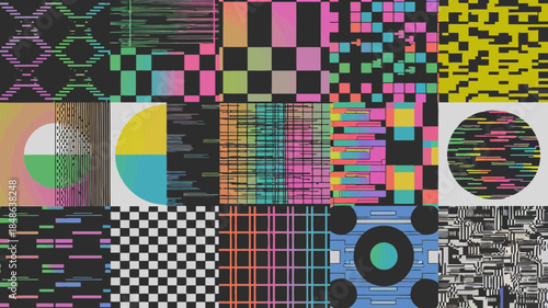 Vibrant geometric patterns and abstract shapes in a colorful digital art composition